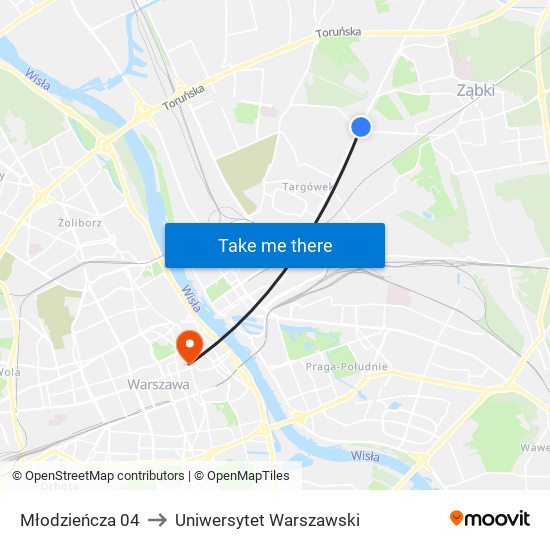 Młodzieńcza 04 to Uniwersytet Warszawski map