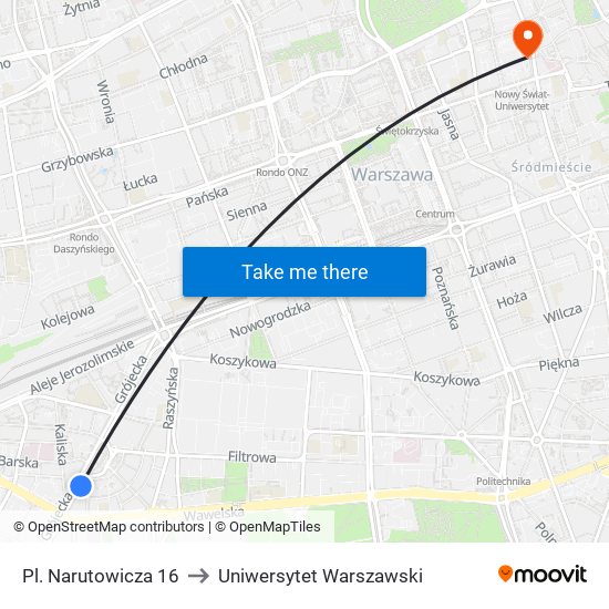 Pl. Narutowicza 16 to Uniwersytet Warszawski map