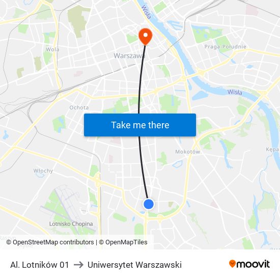Al. Lotników 01 to Uniwersytet Warszawski map