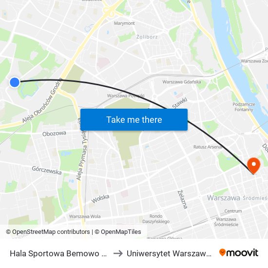 Hala Sportowa Bemowo to Uniwersytet Warszawski map