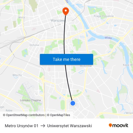 Metro Ursynów 01 to Uniwersytet Warszawski map