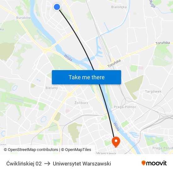 Ćwiklińskiej 02 to Uniwersytet Warszawski map