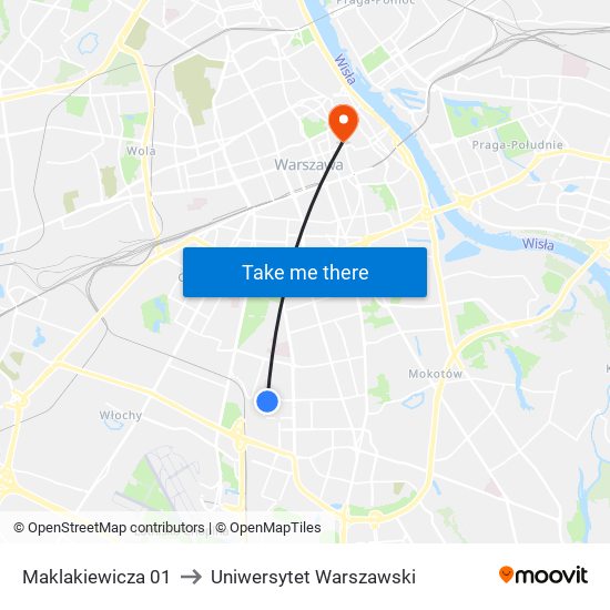 Maklakiewicza 01 to Uniwersytet Warszawski map