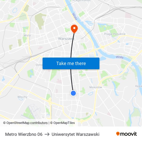 Metro Wierzbno to Uniwersytet Warszawski map