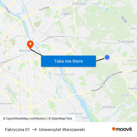 Fabryczna to Uniwersytet Warszawski map