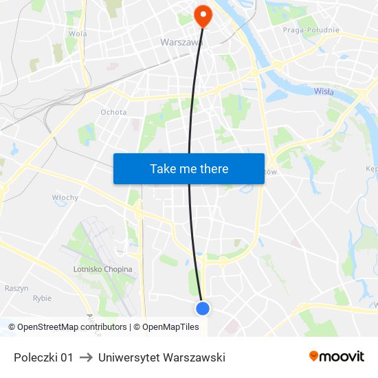 Poleczki to Uniwersytet Warszawski map
