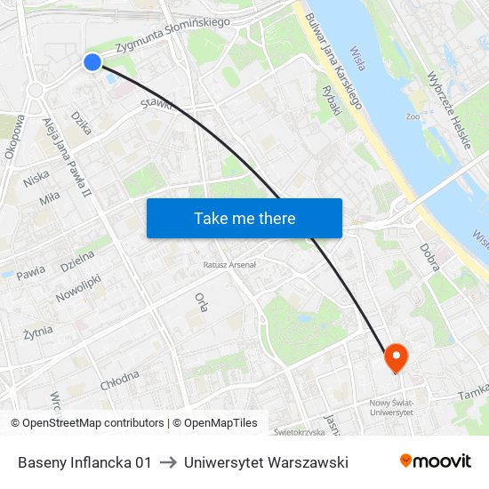 Baseny Inflancka 01 to Uniwersytet Warszawski map