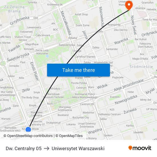 Dw. Centralny to Uniwersytet Warszawski map