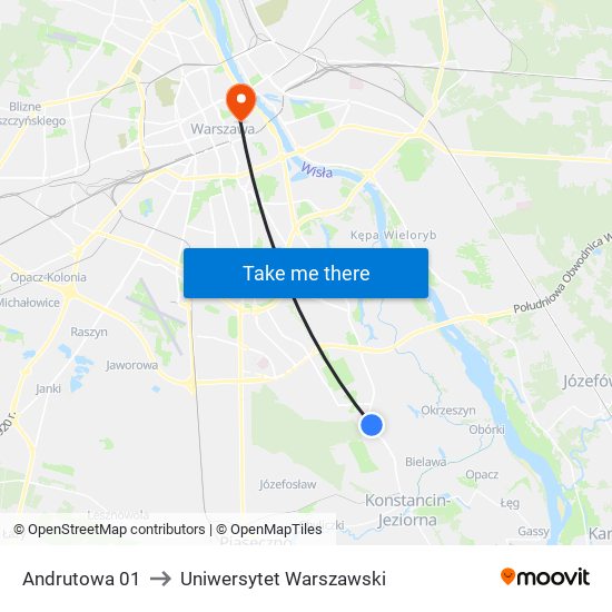 Andrutowa to Uniwersytet Warszawski map