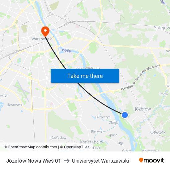 Józefów Nowa Wieś to Uniwersytet Warszawski map