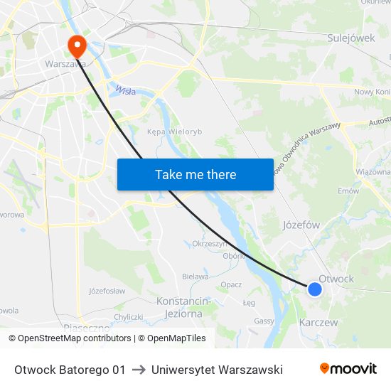 Otwock Batorego to Uniwersytet Warszawski map