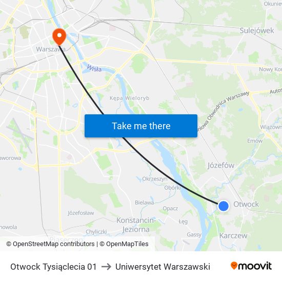 Otwock Tysiąclecia 01 to Uniwersytet Warszawski map