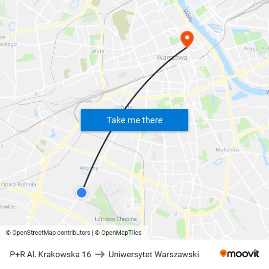 P+R Al. Krakowska 16 to Uniwersytet Warszawski map