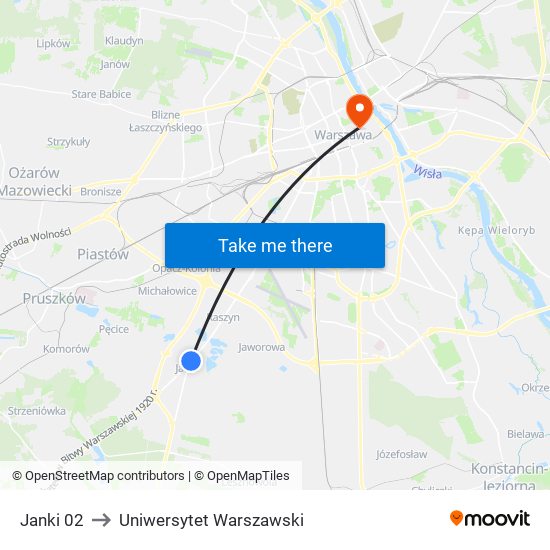 Janki 02 to Uniwersytet Warszawski map