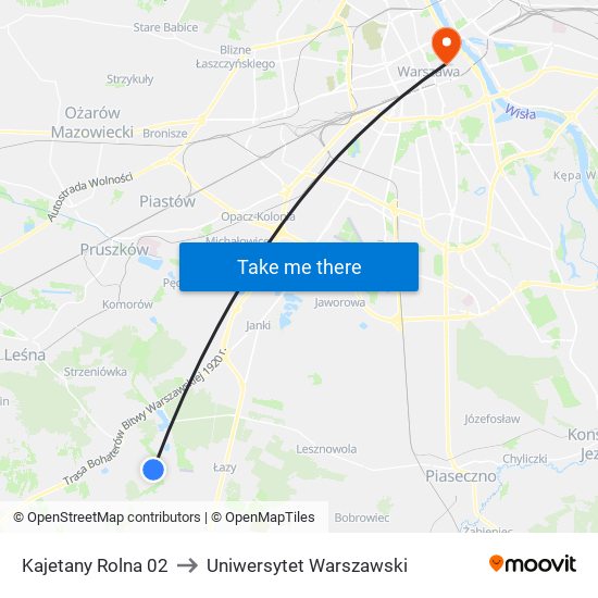 Kajetany Rolna 02 to Uniwersytet Warszawski map