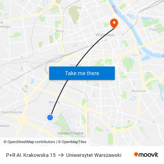 P+R Al. Krakowska 15 to Uniwersytet Warszawski map