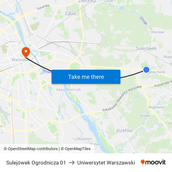 Sulejówek Ogrodnicza to Uniwersytet Warszawski map