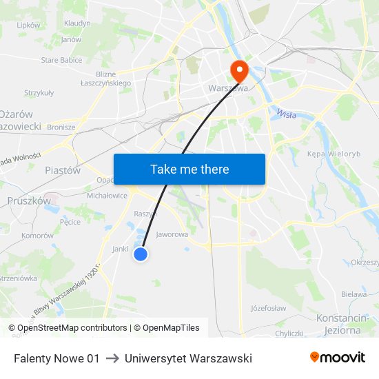 Falenty Nowe 01 to Uniwersytet Warszawski map