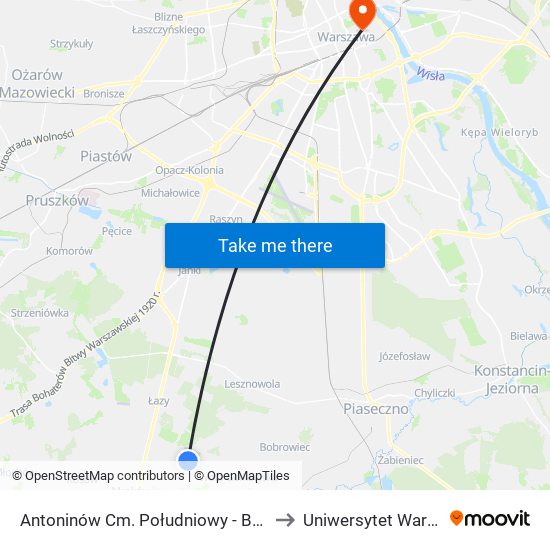 Antoninów Cm. Południowy - Brama Płd. 01 to Uniwersytet Warszawski map