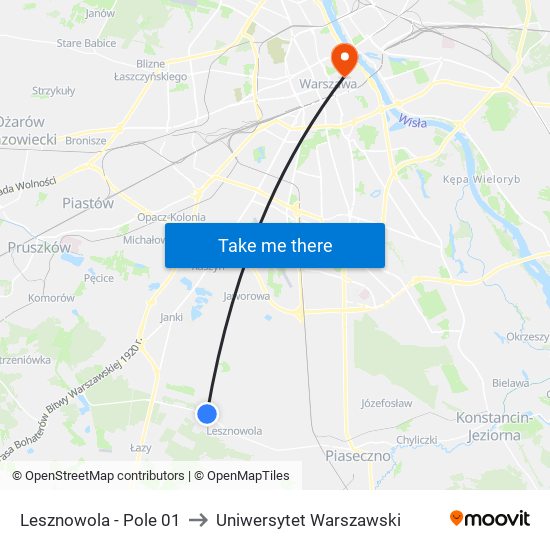 Lesznowola - Pole 01 to Uniwersytet Warszawski map
