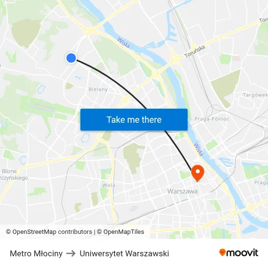 Metro Młociny to Uniwersytet Warszawski map