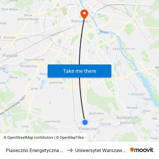 Piaseczno Energetyczna to Uniwersytet Warszawski map