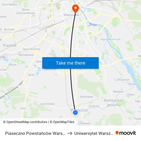 Piaseczno Powstańców Warszawy 02 to Uniwersytet Warszawski map