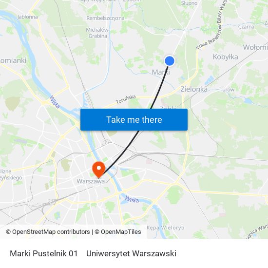 Marki Pustelnik to Uniwersytet Warszawski map