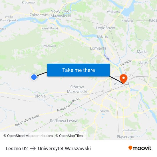 Leszno 02 to Uniwersytet Warszawski map
