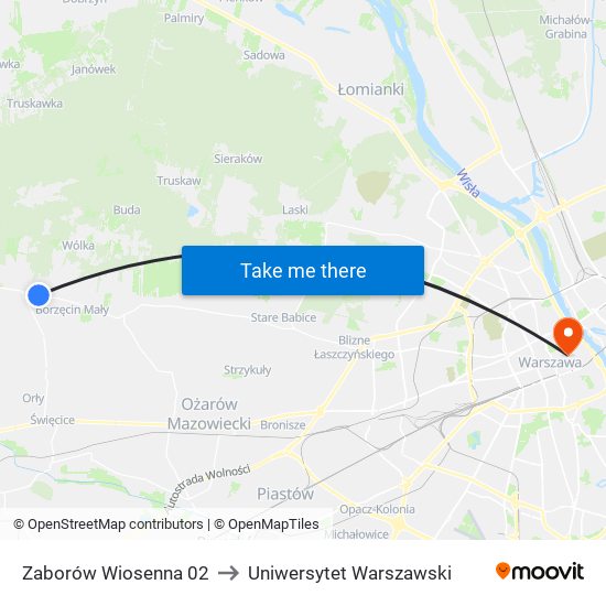 Zaborów Wiosenna to Uniwersytet Warszawski map