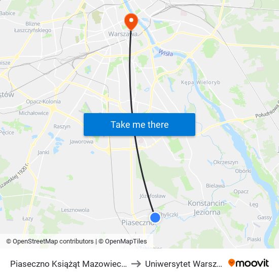 Piaseczno Książąt Mazowieckich 02 to Uniwersytet Warszawski map