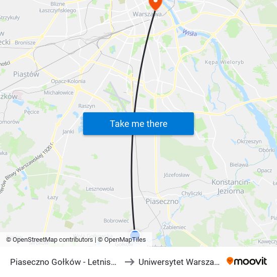 Piaseczno Gołków - Letnisko 02 to Uniwersytet Warszawski map