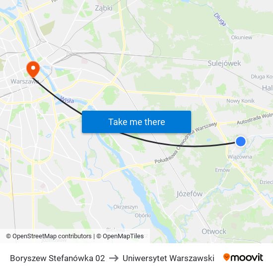 Boryszew Stefanówka 02 to Uniwersytet Warszawski map