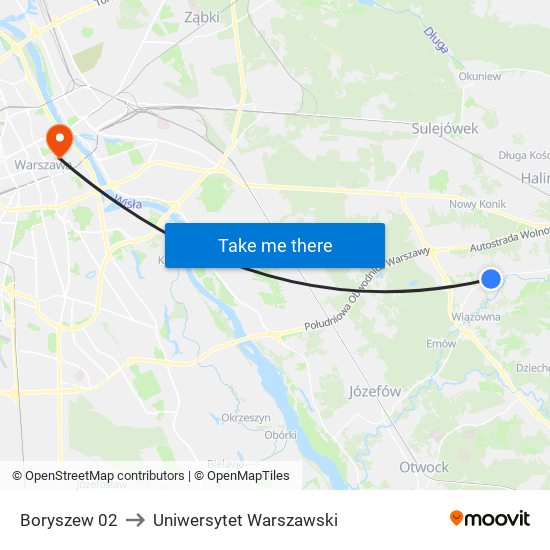 Boryszew 02 to Uniwersytet Warszawski map