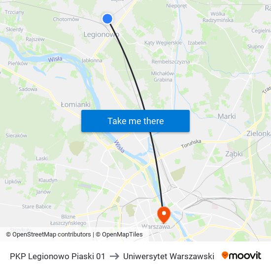 PKP Legionowo Piaski 01 to Uniwersytet Warszawski map