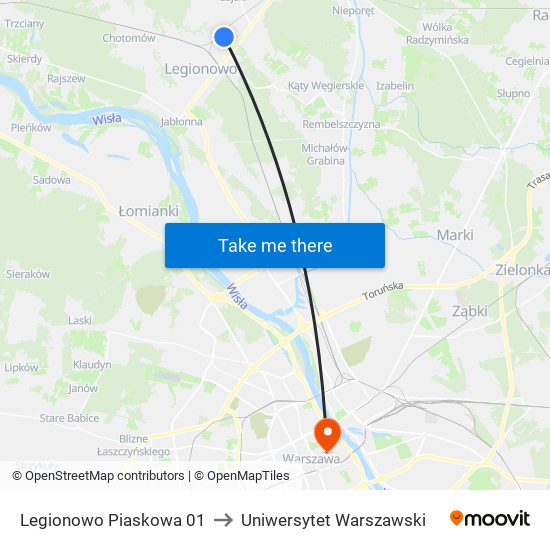 Legionowo Piaskowa 01 to Uniwersytet Warszawski map