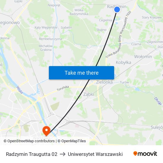 Radzymin Traugutta 02 to Uniwersytet Warszawski map