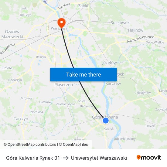 Góra Kalwaria Rynek 01 to Uniwersytet Warszawski map