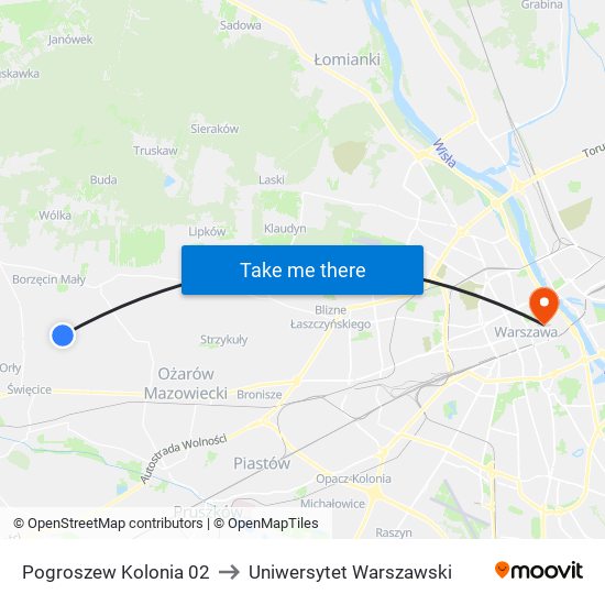 Pogroszew Kolonia 02 to Uniwersytet Warszawski map