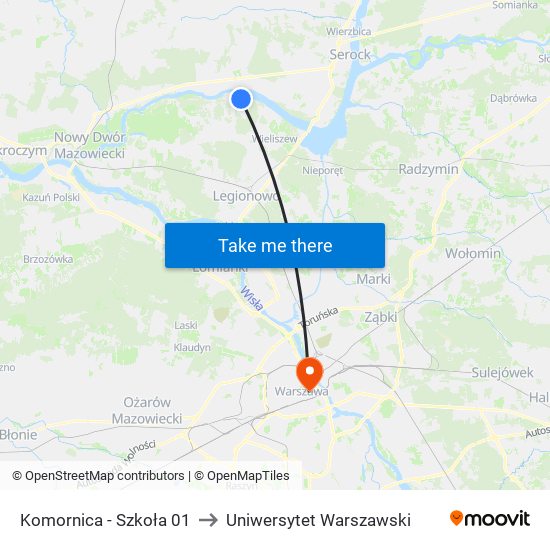 Komornica - Szkoła 01 to Uniwersytet Warszawski map
