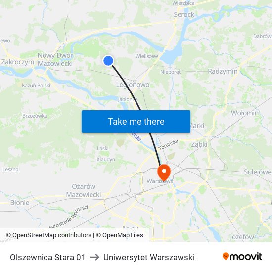 Olszewnica Stara to Uniwersytet Warszawski map