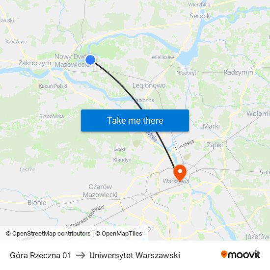 Góra Rzeczna to Uniwersytet Warszawski map