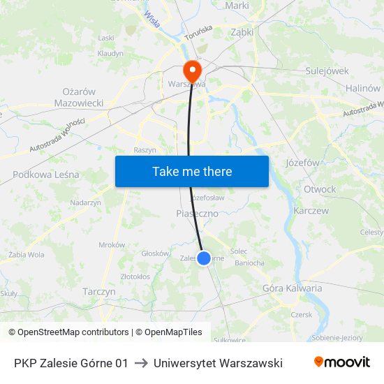 PKP Zalesie Górne 01 to Uniwersytet Warszawski map