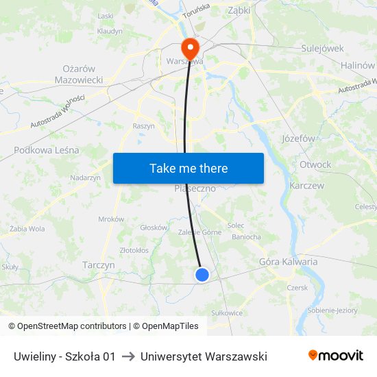 Uwieliny - Szkoła 01 to Uniwersytet Warszawski map