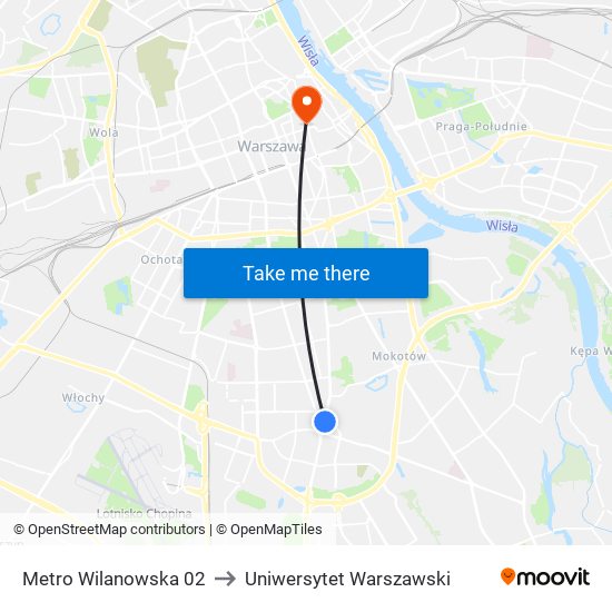 Metro Wilanowska 02 to Uniwersytet Warszawski map