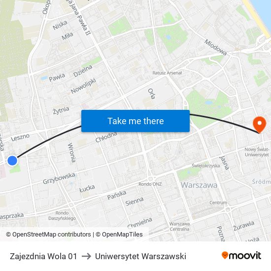 Zajezdnia Wola 01 to Uniwersytet Warszawski map