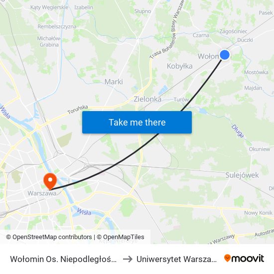 Wołomin Os. Niepodległości 01 to Uniwersytet Warszawski map