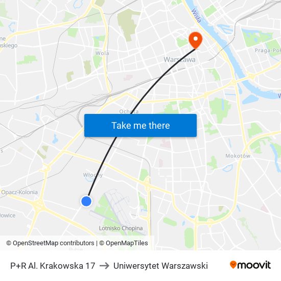 P+R Al. Krakowska 17 to Uniwersytet Warszawski map