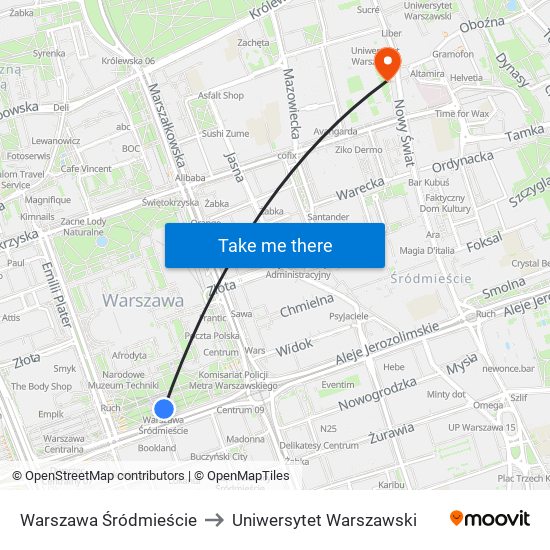 Warszawa Śródmieście to Uniwersytet Warszawski map