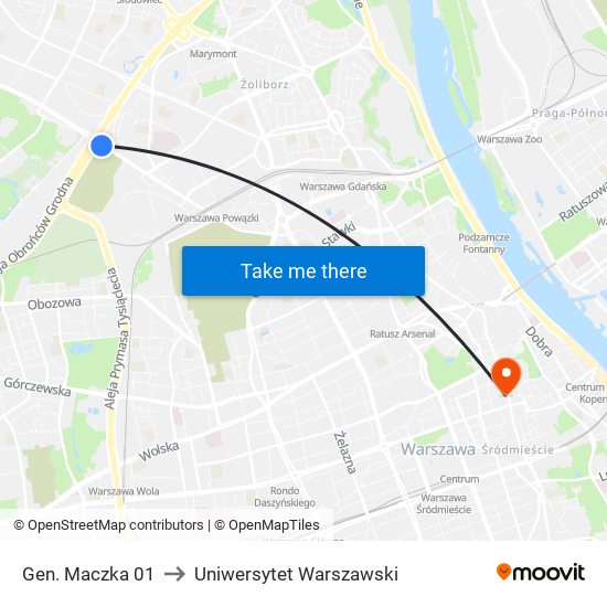 Gen. Maczka 01 to Uniwersytet Warszawski map